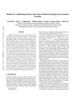 Mamba-CL: Optimizing Selective State Space Model in Null Space for
  Continual Learning