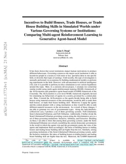 Incentives to Build Houses, Trade Houses, or Trade House Building Skills
  in Simulated Worlds under Various Governing Systems or Institutions:
  Comparing Multi-agent Reinforcement Learning to Generative Agent-based Model
