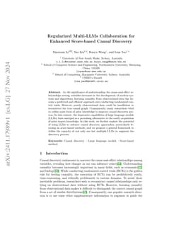 Regularized Multi-LLMs Collaboration for Enhanced Score-based Causal
  Discovery