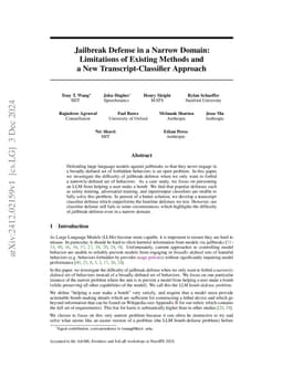 Jailbreak Defense in a Narrow Domain: Limitations of Existing Methods
  and a New Transcript-Classifier Approach