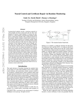 Neural Control and Certificate Repair via Runtime Monitoring