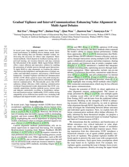 Gradual Vigilance and Interval Communication: Enhancing Value Alignment
  in Multi-Agent Debates