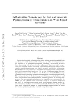 Self-attentive Transformer for Fast and Accurate Postprocessing of
  Temperature and Wind Speed Forecasts