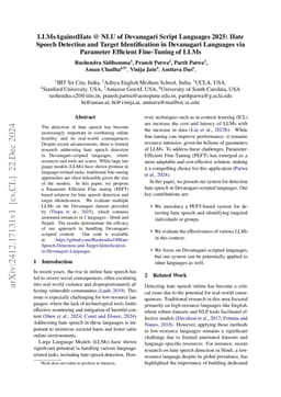 LLMsAgainstHate @ NLU of Devanagari Script Languages 2025: Hate Speech
  Detection and Target Identification in Devanagari Languages via Parameter
  Efficient Fine-Tuning of LLMs