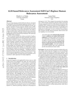 LLM-based relevance assessment still can't replace human relevance assessment