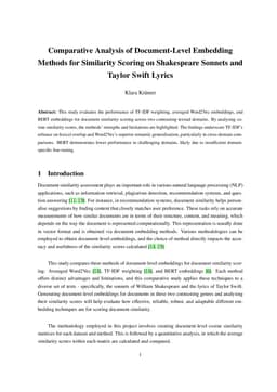 Comparative Analysis of Document-Level Embedding Methods for Similarity
  Scoring on Shakespeare Sonnets and Taylor Swift Lyrics