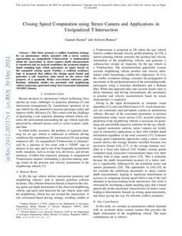 Closing Speed Computation using Stereo Camera and Applications in Unsignalized T-Intersection