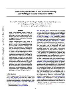 Generalizing from SIMPLE to HARD Visual Reasoning: Can We Mitigate Modality Imbalance in VLMs?