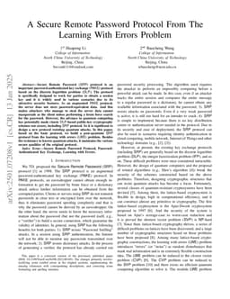 A Secure Remote Password Protocol From The Learning With Errors Problem