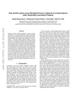 Task and Perception-aware Distributed Source Coding for Correlated Speech under Bandwidth-constrained Channels