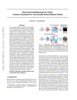 Distorting Embedding Space for Safety: A Defense Mechanism for Adversarially Robust Diffusion Models