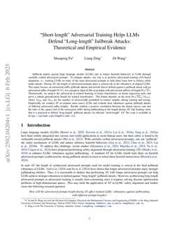 Short-length Adversarial Training Helps LLMs Defend Long-length Jailbreak Attacks: Theoretical and Empirical Evidence