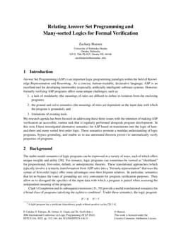 Relating Answer Set Programming and Many-sorted Logics for Formal Verification