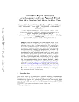 Hierarchical Expert Prompt for Large-Language-Model: An Approach Defeat Elite AI in TextStarCraft II for the First Time