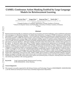 CAMEL: Continuous Action Masking Enabled by Large Language Models for Reinforcement Learning