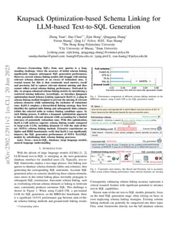 Knapsack Optimization-based Schema Linking for LLM-based Text-to-SQL Generation
