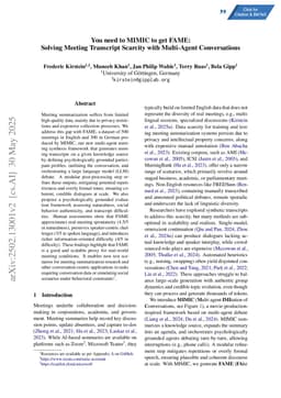 You need to MIMIC to get FAME: Solving Meeting Transcript Scarcity with a Multi-Agent Conversations