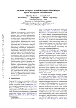 Low-Rank and Sparse Model Merging for Multi-Lingual Speech Recognition and Translation