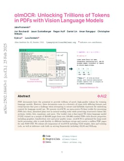 olmOCR: Unlocking Trillions of Tokens in PDFs with Vision Language Models