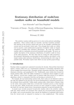 Stationary distribution of node2vec random walks on household models