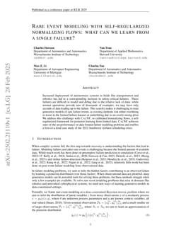 Rare event modeling with self-regularized normalizing flows: what can we learn from a single failure?