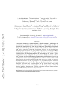 Autonomous Curriculum Design via Relative Entropy Based Task Modifications