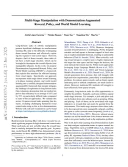 Multi-Stage Manipulation with Demonstration-Augmented Reward, Policy, and World Model Learning