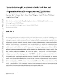 Data-efficient rapid prediction of urban airflow and temperature fields for complex building geometries