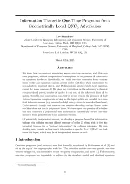 Information Theoretic One-Time Programs from Geometrically Local $\text{QNC}_0$ Adversaries