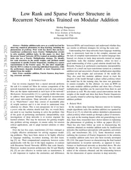 Low Rank and Sparse Fourier Structure in Recurrent Networks Trained on Modular Addition