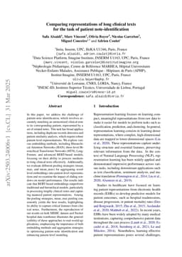 Comparing representations of long clinical texts for the task of patient note-identification