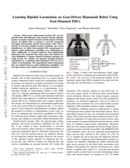Learning Bipedal Locomotion on Gear-Driven Humanoid Robot Using Foot-Mounted IMUs