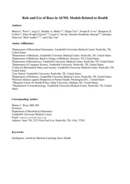 Role and Use of Race in AI/ML Models Related to Health