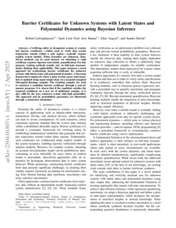 Barrier Certificates for Unknown Systems with Latent States and Polynomial Dynamics using Bayesian Inference