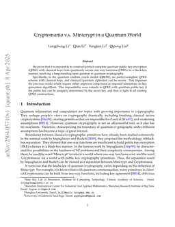 Cryptomania v.s. Minicrypt in a Quantum World