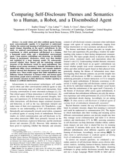 Comparing Self-Disclosure Themes and Semantics to a Human, a Robot, and a Disembodied Agent