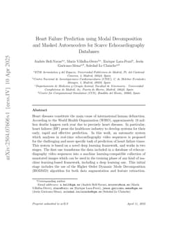 Heart Failure Prediction using Modal Decomposition and Masked Autoencoders for Scarce Echocardiography Databases