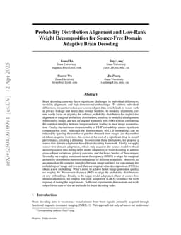 Probability Distribution Alignment and Low-Rank Weight Decomposition for Source-Free Domain Adaptive Brain Decoding