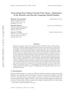 Forecasting from Clinical Textual Time Series: Adaptations of the Encoder and Decoder Language Model Families