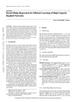 Kernel Ridge Regression for Efficient Learning of High-Capacity Hopfield Networks