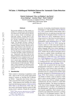 ViClaim: A Multilingual Multilabel Dataset for Automatic Claim Detection in Videos