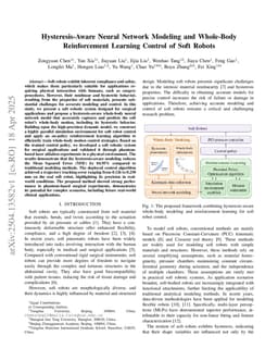 Hysteresis-Aware Neural Network Modeling and Whole-Body Reinforcement Learning Control of Soft Robots