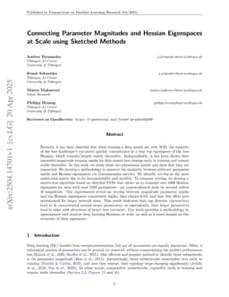 Connecting Parameter Magnitudes and Hessian Eigenspaces at Scale using Sketched Methods