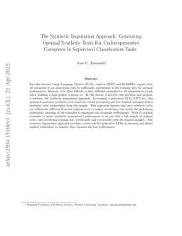 The Synthetic Imputation Approach: Generating Optimal Synthetic Texts For Underrepresented Categories In Supervised Classification Tasks