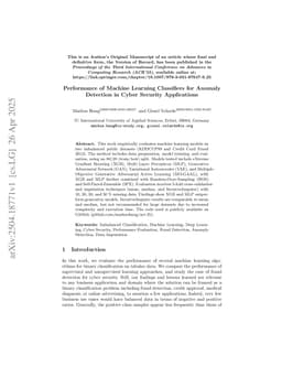 Performance of Machine Learning Classifiers for Anomaly Detection in Cyber Security Applications