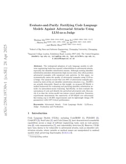 Evaluate-and-Purify: Fortifying Code Language Models Against Adversarial Attacks Using LLM-as-a-Judge