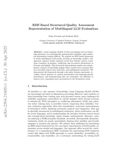 RDF-Based Structured Quality Assessment Representation of Multilingual LLM Evaluations