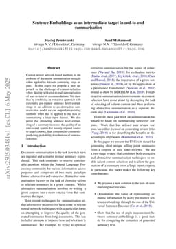 Sentence Embeddings as an intermediate target in end-to-end summarisation