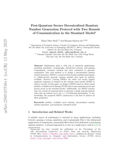Post-Quantum Secure Decentralized Random Number Generation Protocol with Two Rounds of Communication in the Standard Model