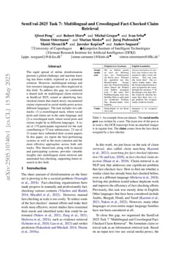SemEval-2025 Task 7: Multilingual and Crosslingual Fact-Checked Claim Retrieval